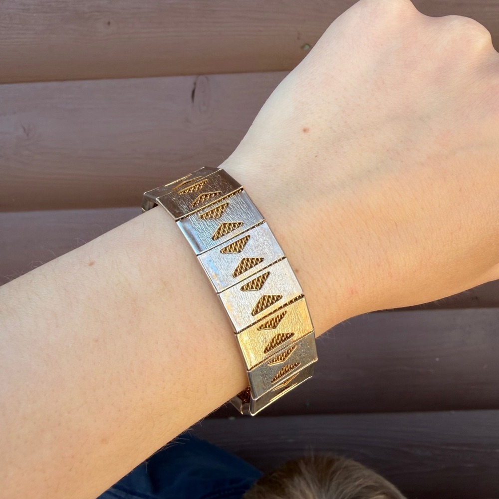 Vintage Panel Bracelet Womens‎ 7.5 Inch Gold Tone Geometric Textured Mesh Link